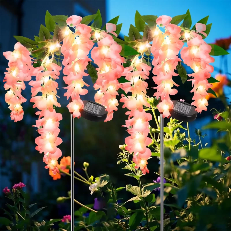 2 Pack Solar Wisteria Flower Lights, Waterproof Solar Lights Outdoor Pink