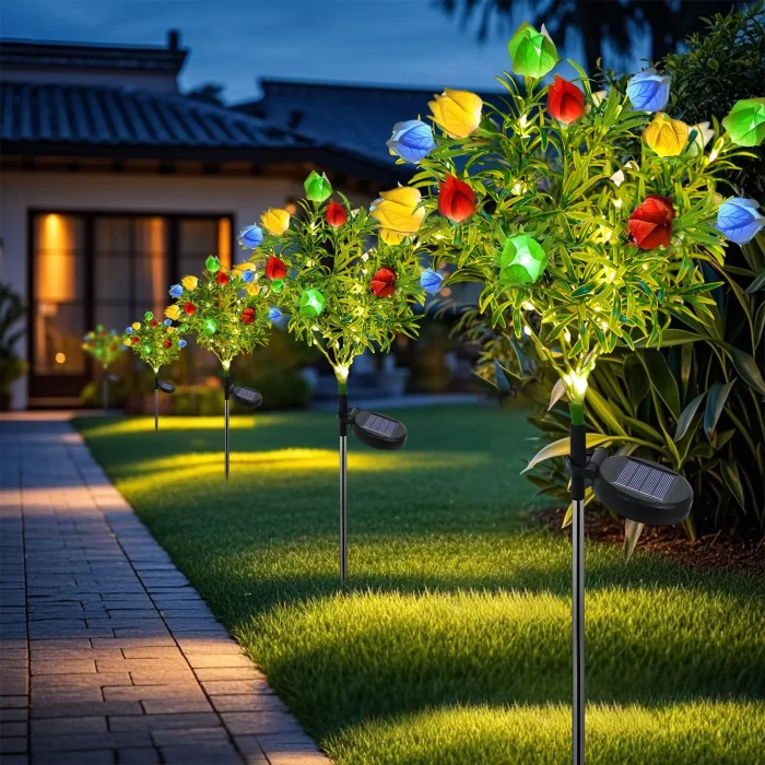 Rirool Solar Garden Lights 2 Pack - 11 LED Gardenia Flower Stake Lights, IP65 Waterproof, 8-12H Auto On/Off for Pathway, Patio,Yard Decor (Pink) - Image 5