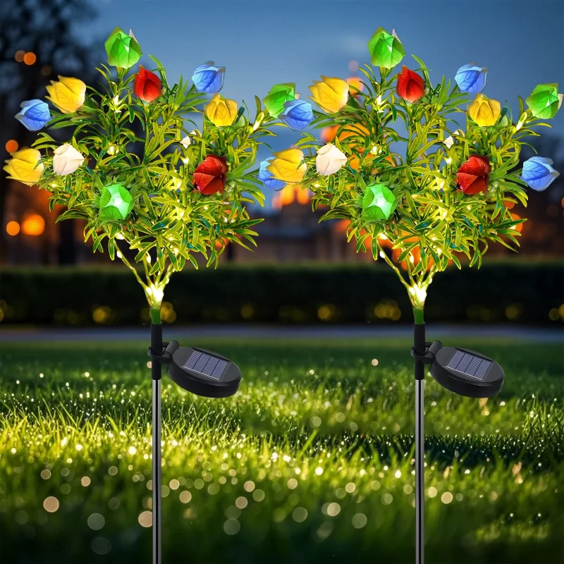 Rirool Solar Garden Lights 2 Pack - 11 LED Gardenia Flower Stake Lights, IP65 Waterproof, 8-12H Auto On/Off for Pathway, Patio,Yard Decor (Pink)