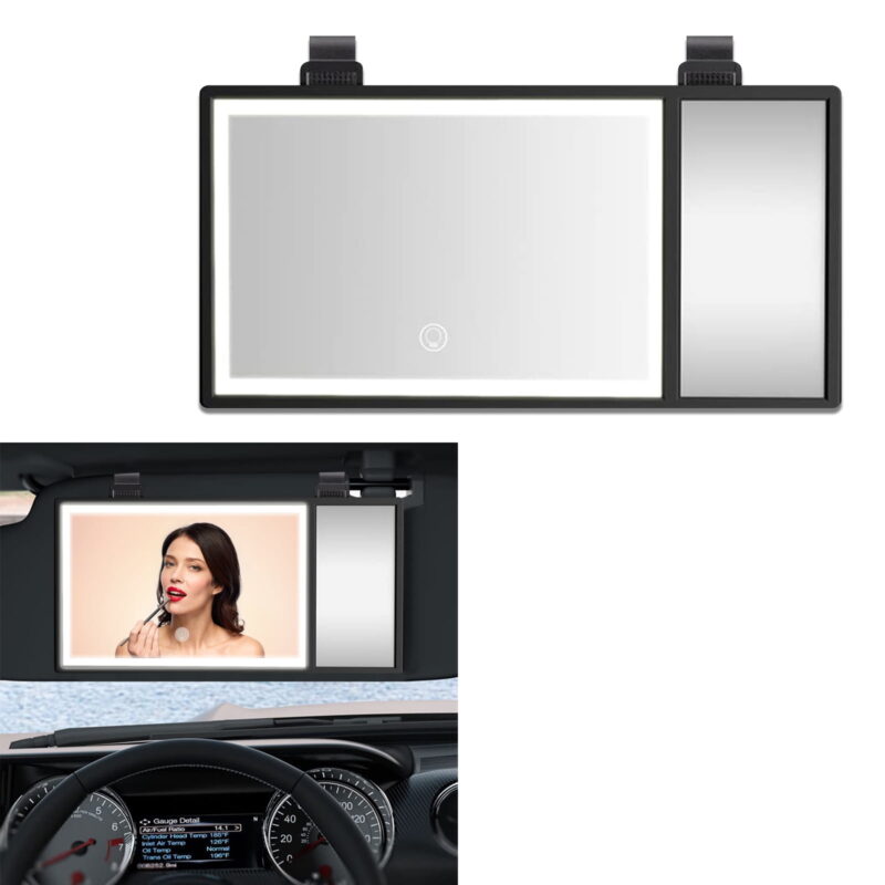 Car Vanity Mirror, Sun-Shading Car Cosmetic Mirror with Touch Screen and 3 Color LED Lights, Adjustable Car Visor Mirror for Car Truck, Black