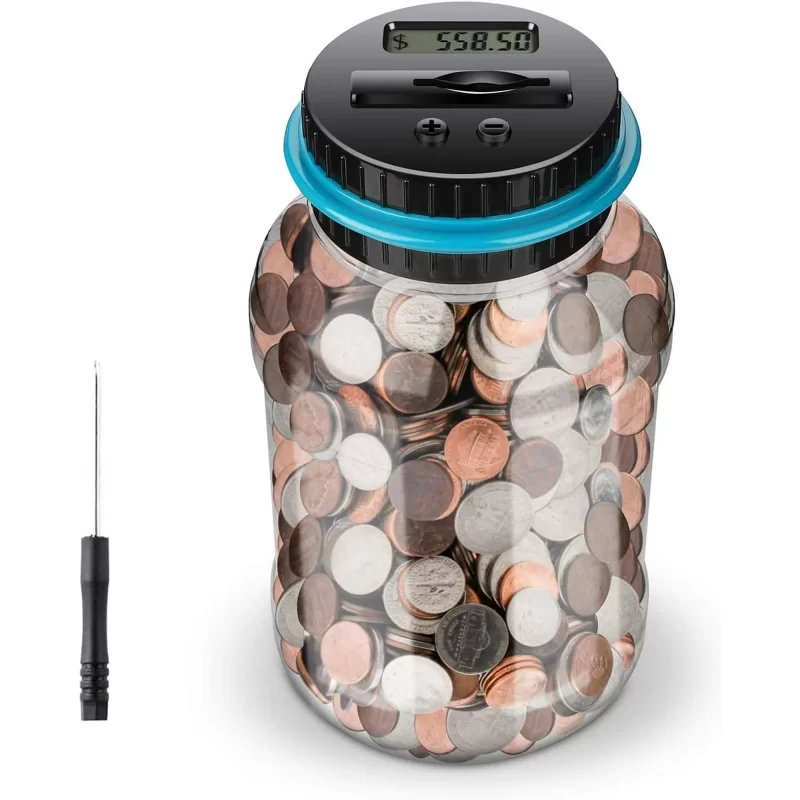 Rirool Digital Coin Bank with LCD Counter - Automatic Money Saving Jar for Adults & Kids, Large 1.8L Capacity Piggy Bank (Blue), Gift for Christmas/Birthdays