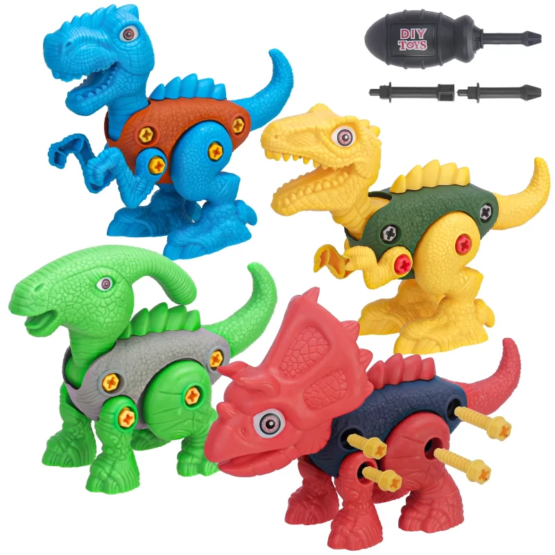TiokMc Take Apart Dinosaur Toys for Kids - 4 Packs with Screwdriver | Best Gift for Boys and Girls Ages 3-7 | Educational and Fun