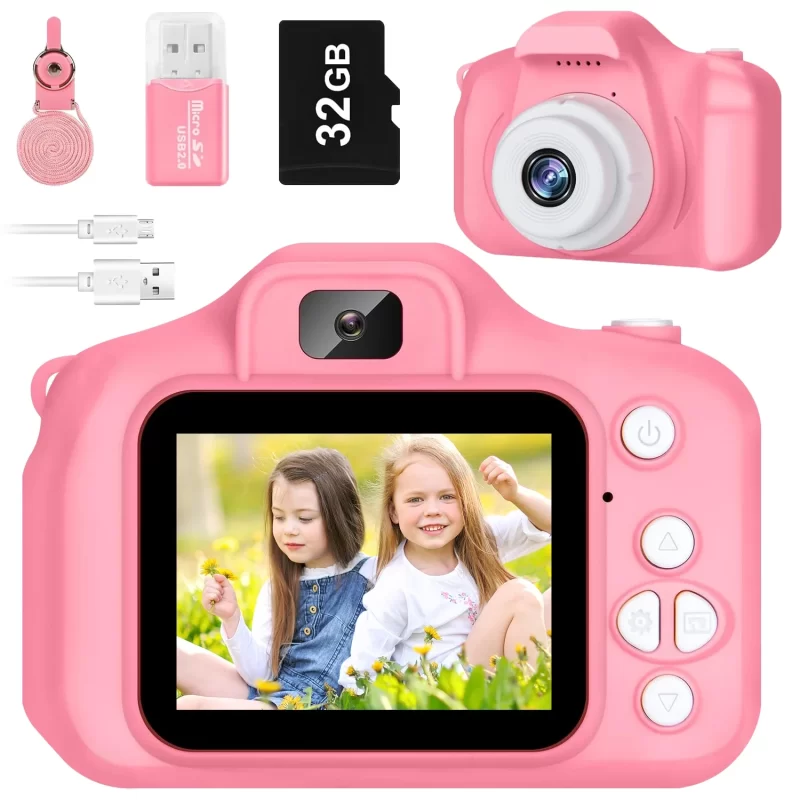 HD Kids Camera, Selfie Camera for Girls 3-12, Video & Photo Digital Camera, Toddler Toys Camera with 32GB SD Card (Pink)