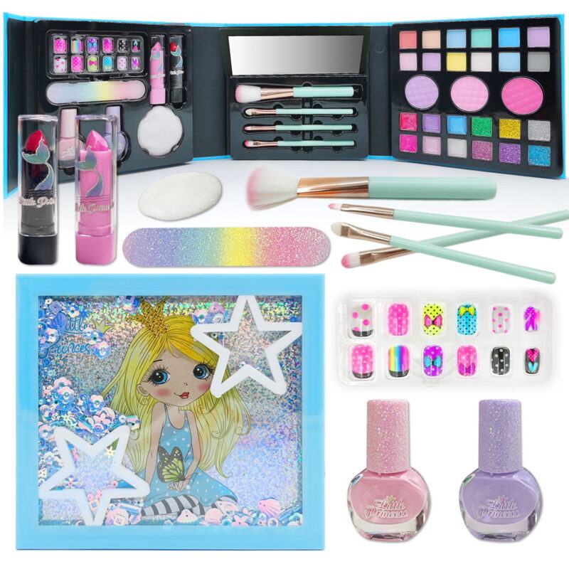 Kids Makeup Kit, Washable Non Toxic Real Cosmetic Toy Beauty Set with Nail Polish for Little Princess, Birthday Toys Gift for 5 6 7 8 9 10 Year Old Girls