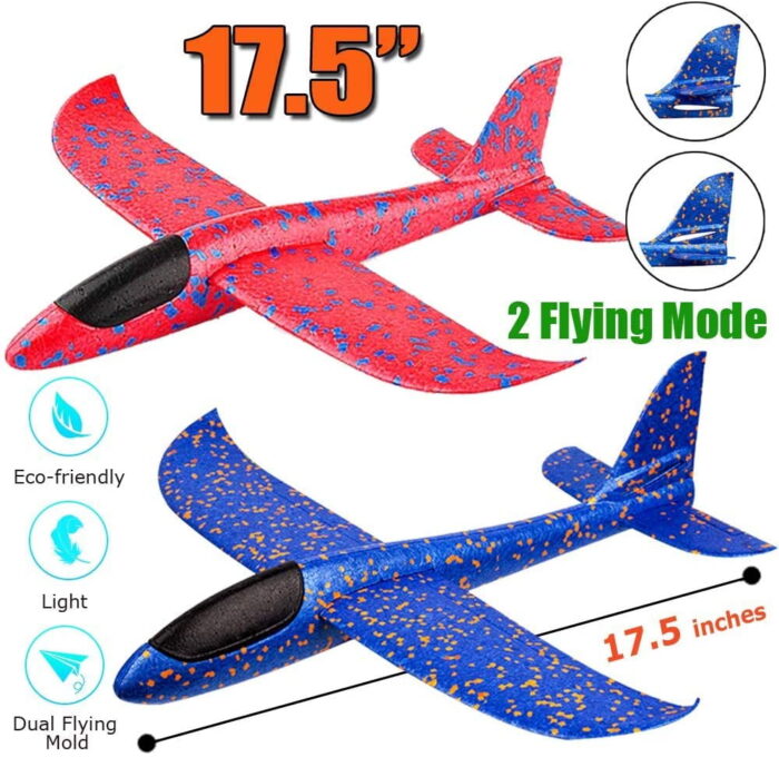 2 Pack Glider Plane Toys, 17.5" Large Throwing Foam Airplane, Dual Flight Mode Flying Toy, The Best Outdoor Sport Toy Gifts for Kids