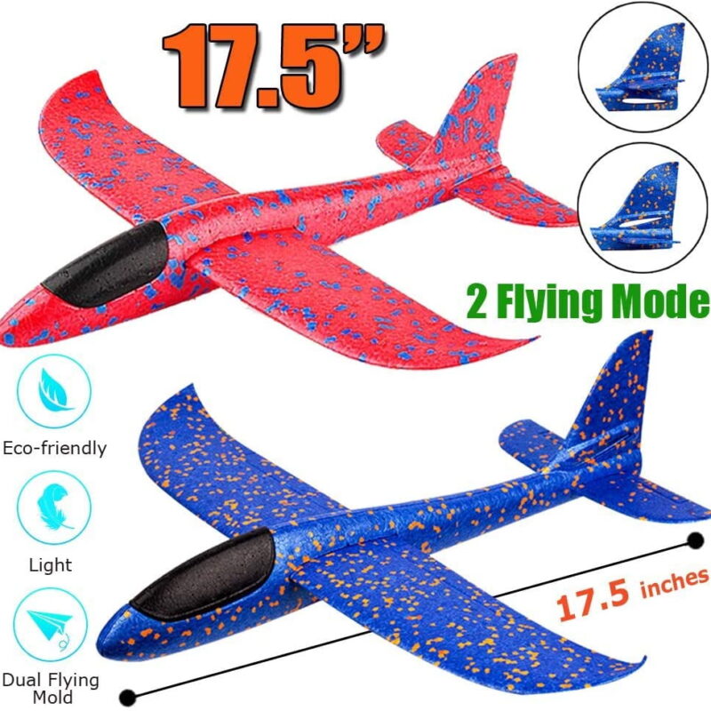 2 Pack Glider Plane Toys, 17.5" Large Throwing Foam Airplane, Dual Flight Mode Flying Toy, The Best Outdoor Sport Toy Gifts for Kids