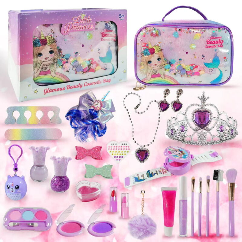 29 Pcs Kids Makeup Kit for Girls, Safe & Non Toxic Washable Makeup Toy Set, Real Cosmetic Beauty Set for Play Game Christmas Birthday Party