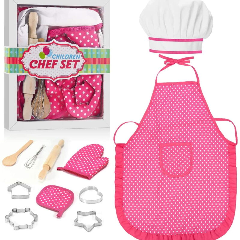 Kids Cooking Set, 11 Pcs Birthday Gifts for 3-6 Year Old Girls Chef Role Play Includes Apron for Girls, Chef Hat, Cooking Mitt, Utensils, Festival Toys for 3-6 Year Old Girls (Pink)