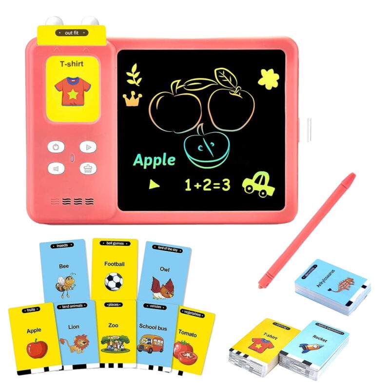 TiokMc Talking Flash Cards Learning Toys for 3-7 Years, 4 in 1 LCD Writing Tablet for Kids, Toddler Doodle Board with 224 Words, Preschool Educational Toys and Birthday Gift (Pink)