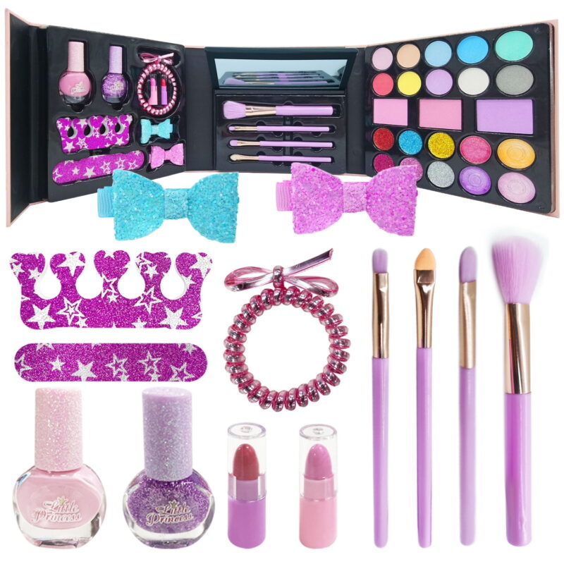 Kids Makeup Kit, Washable Non Toxic Real Cosmetic Toy Beauty Set with Nail Polish for Little Princess, Birthday Toys Gift for 5 6 7 8 9 10 Year Old Girls