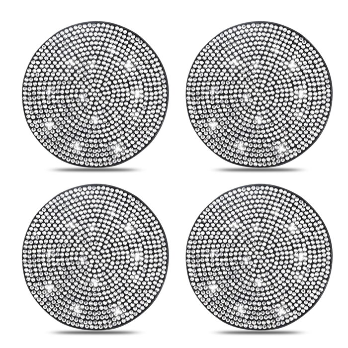 4 Pack Bling Car Insert Coasters, Universal Anti Slip Silicone Car Cup Holder Coaster Crystal Rhinestone Auto Automotive Interior Accessories, White