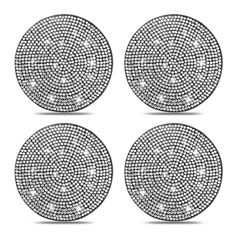 4 Pack Bling Car Insert Coasters, Universal Anti Slip Silicone Car Cup Holder Coaster Crystal Rhinestone Auto Automotive Interior Accessories, White