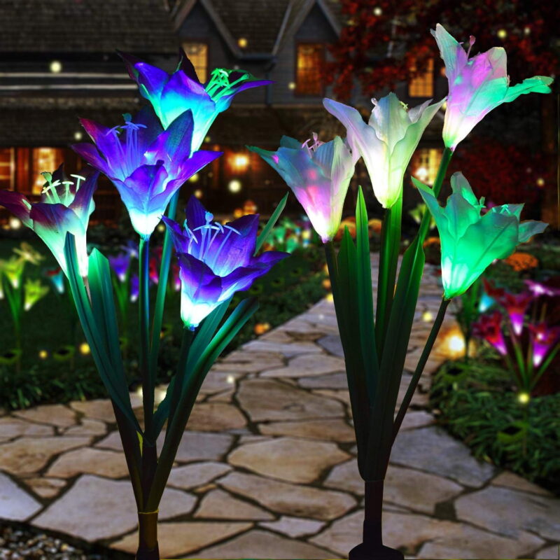 TiokMc Outdoor Solar Lights Decorative LED Flower,Pack of 4 Solar Lilies Patio Décor, Purple & White Solar Powered Garden Decoration Lights Backyard Lighting Lily