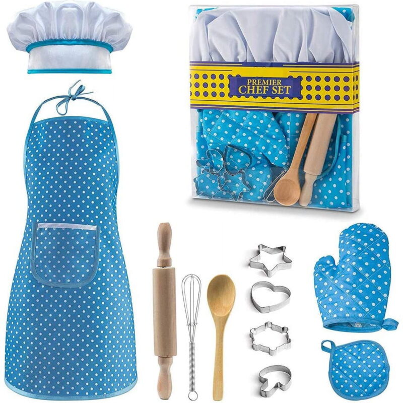 Kids Cooking Set, 11 Pcs Birthday Gifts for 3-6 Year Old Girls Chef Role Play Includes Apron for Girls, Chef Hat, Cooking Mitt, Utensils, Festival Toys for 3-6 Year Old Girls (Blue)