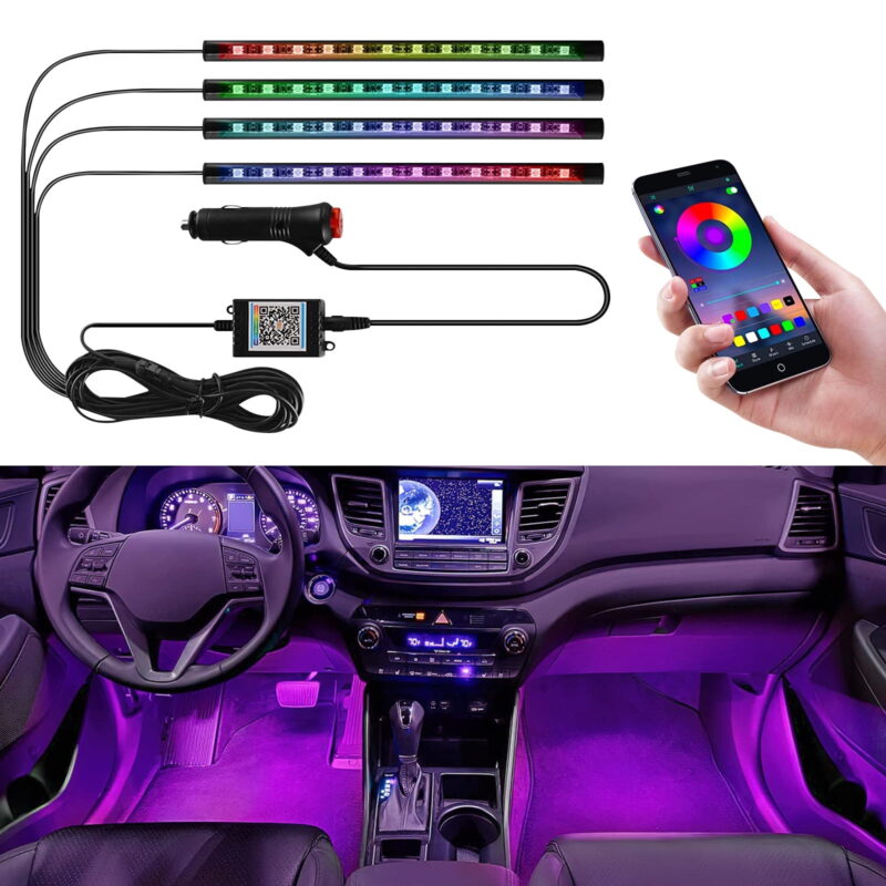 TiokMc APP Control Car LED Lights, Smart Car LED Strip Lights, Interior Car Lights with Music Mode and 16 Million Colors, Under Dash Lights for Cars, SUVs, DC 12V