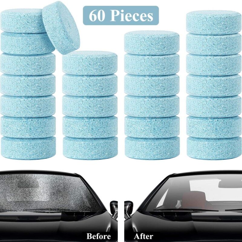 60 Pcs Car Windshield Glass Concentrated Clean Washer Tablets, Multifunctional Effervescent Spray Cleaner Cleaning Tool, Window Cleaner