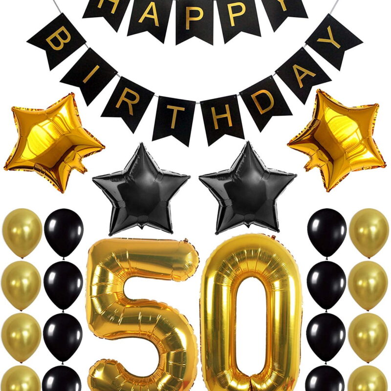 50th Happy Birthday Party Supplies Kit, (26pcs) , Black and Gold – 50th Birthday Decorations (Helium Balloons, Banner & Paper Flowers) - for Men, Women, Boys & Girls
