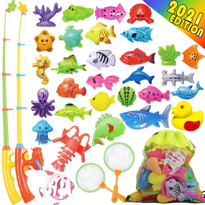 Rirool Magnetic Fishing Game for Kids - Game Set with Pole Rod Net, Plastic Floating Fish - Educational Toy for Toddler Learning Sizes, Colors, Ocean Animals (40PCS)