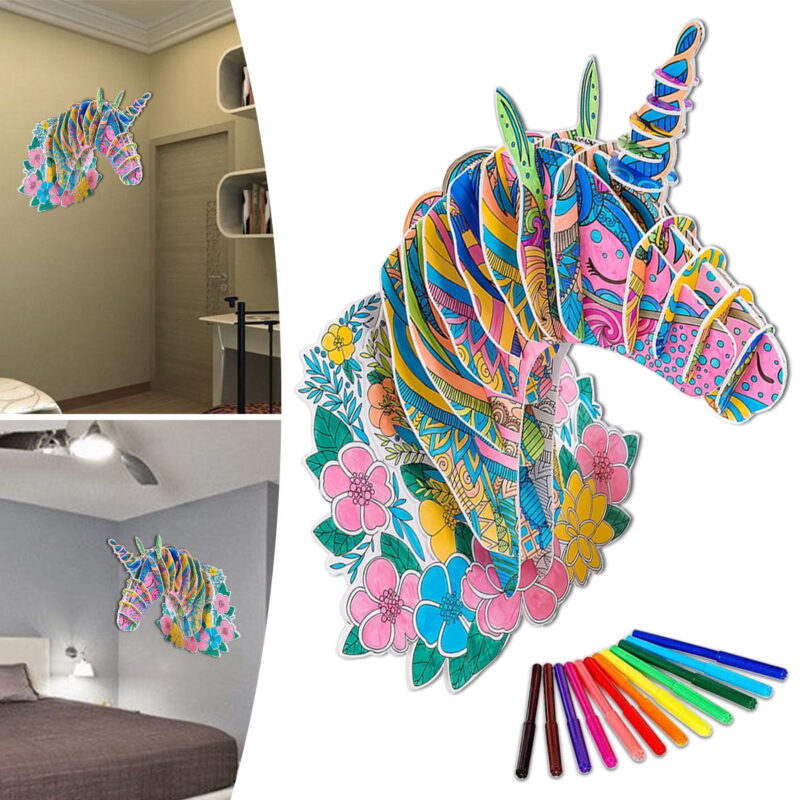 Animals Puzzles with 10 Coloring Pen Markers, Kids 3D Coloring Puzzles Set DIY Educational Art Crafts Puzzle Toys Gifts for Girls Boys, Horse