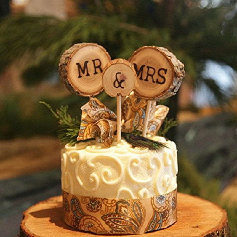 Wooden Round Mr Mrs Shabby Chic Rustic Wedding Cake Topper Pick Decoration-1pack