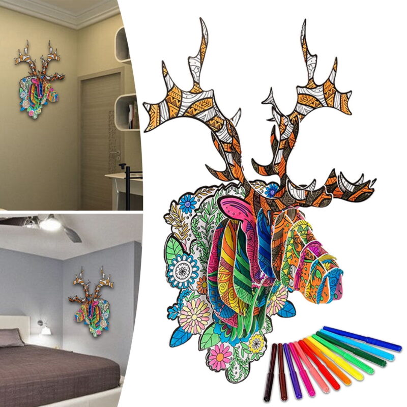 Animals Puzzles with 10 Coloring Pen Markers, Kids 3D Coloring Puzzles Set DIY Educational Art Crafts Puzzle Toys Gifts for Girls Boys, Elk