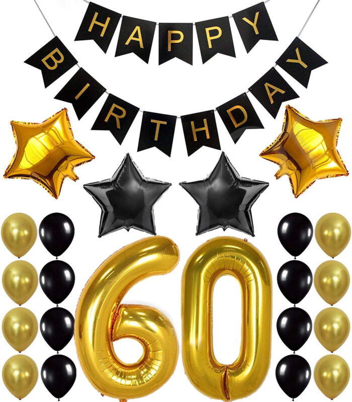 60TH Birthday Decorations Supplies Kit – Large, Pack of 26 | Happy Birthday Foil Balloons | Number 60 Gold, White and Black Latex Balloons, Fabulous 60 Year Old Decoration