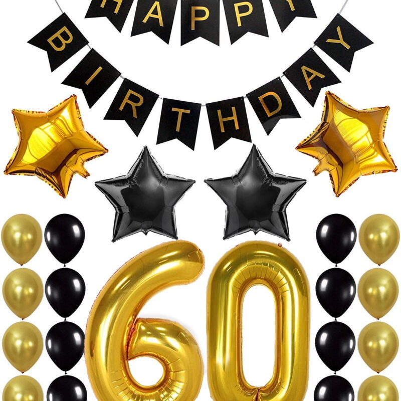 60TH Birthday Decorations Supplies Kit – Large, Pack of 26 | Happy Birthday Foil Balloons | Number 60 Gold, White and Black Latex Balloons, Fabulous 60 Year Old Decoration