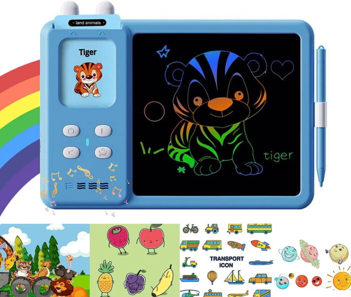 TiokMc Educational Learning Toys for 3 4 5 6 Year Old, Toddler Doodle Board, LCD Writing Tablet with 112 Learning Flash Cards and 224 Words for Boys and Girls Birthday Gifts, Blue