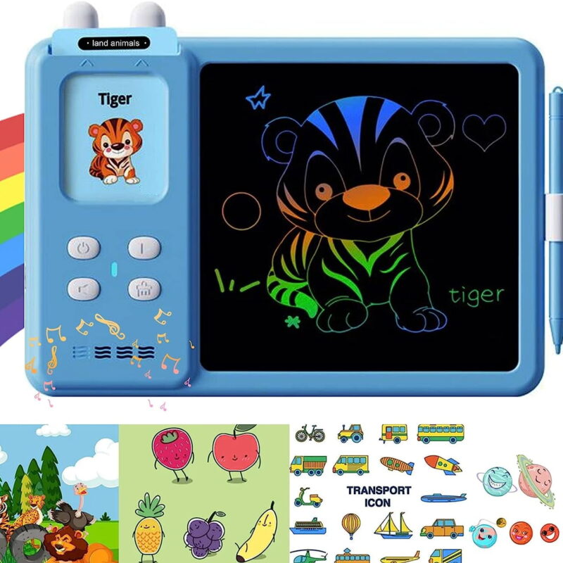TiokMc Educational Learning Toys for 3 4 5 6 Year Old, Toddler Doodle Board, LCD Writing Tablet with 112 Learning Flash Cards and 224 Words for Boys and Girls Birthday Gifts, Blue