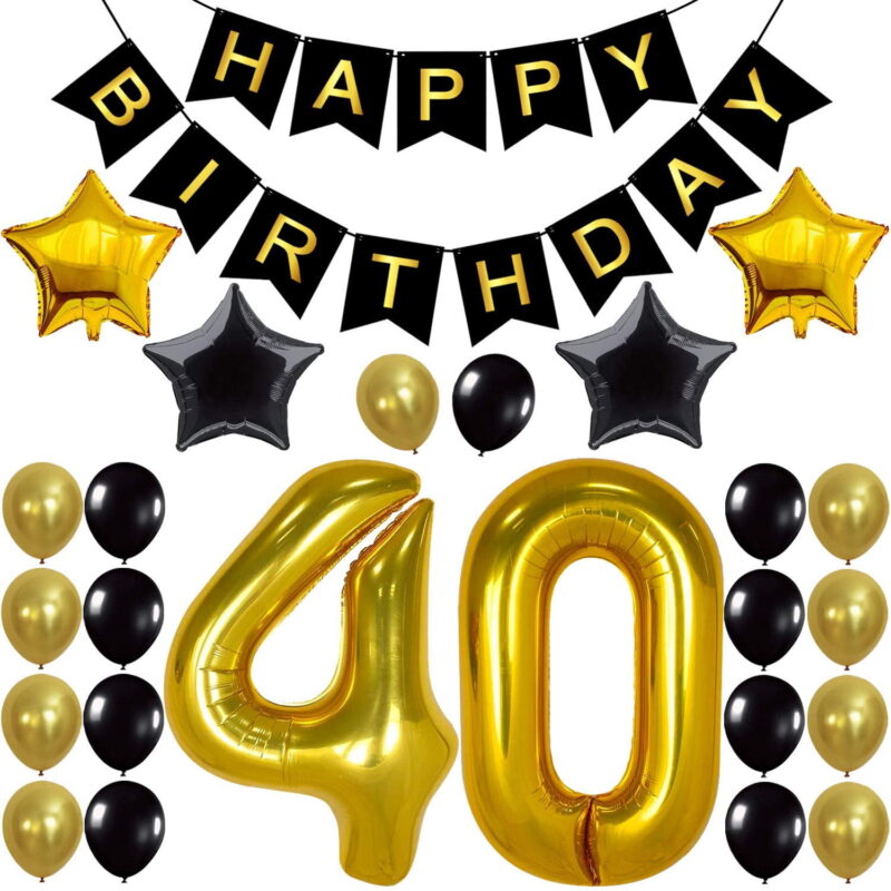 40th Birthday Party Decorations KIT - Happy Birthday Banner, 40th Gold Number Balloons,Gold and Black, Number 40, Perfect 40 Years Old Party Supplies