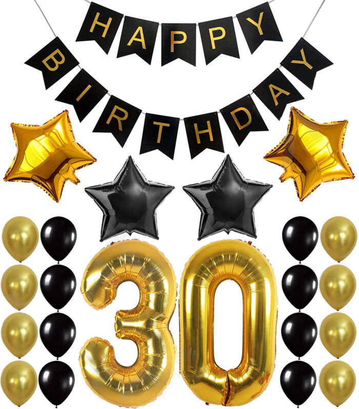30th Birthday Party Decorations KIT - Happy Birthday Banner, 30th Gold Number Balloons,Gold and Black, Number 30, Perfect 30 Years Old Party Supplies