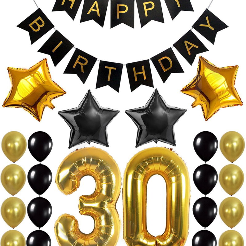 30th Birthday Party Decorations KIT - Happy Birthday Banner, 30th Gold Number Balloons,Gold and Black, Number 30, Perfect 30 Years Old Party Supplies