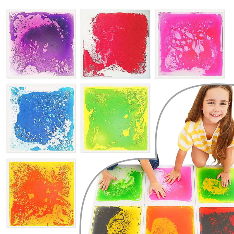 Square Floor Liquid Tiles, Pack of 6 Colorful Sensory Room Tile, Early Learning Sensory Activity Liquid Floor Playmat for Kids Teens, 11.8 inch X 11.8 inch
