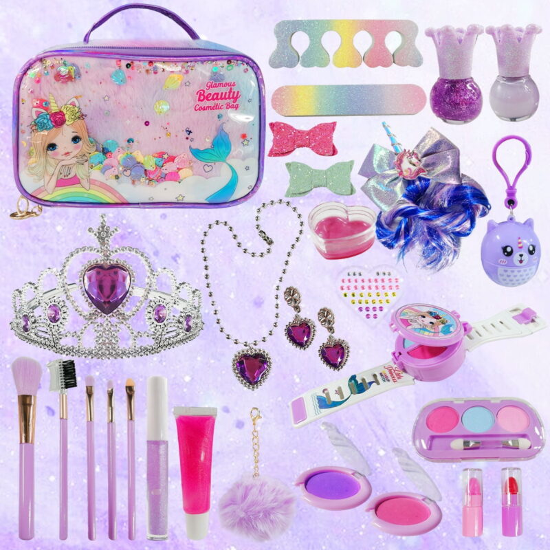 Real Girls Makeup Kit with Cosmetic Bag, 29 Pcs Washable Play Makeup Toy for Kids, Little Princess Beauty Toy Gift for Kids Toddlers Age 5+ Years Old