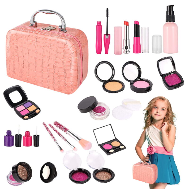 Kids Pretend Makeup Kit with Cosmetic Bag for Girls 3-10 Year Old - Including Pink Brushes,Eye Shadows, Lipstick,Mascare,Gittler Pot, Liquid Foundation,Nail polish bottle and More(Not Real Makeup)