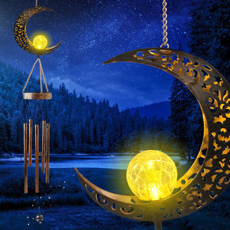 Solar Wind Chimes - Retro Copper Bells, Crackle Glass Ball, Deep Tone Chime for Garden Patio Decor