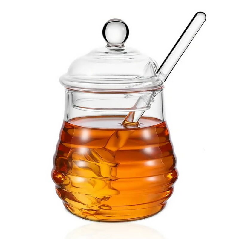 Honey Pot with Dipper and Lid Glass for Home Kitchen, Heat Resistant 8.4oz Beehive Honey Jar for Store Honey and Syrup, Clear