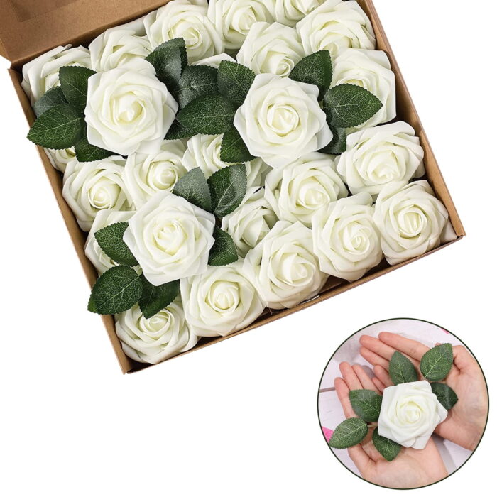 Artificial Foam Rose Flowers, 25 Pcs Fake Roses DIY Bouquets Boutonnieres with Leaves and Stems for Wedding Bridal Shower Banquet Party Centerpieces Decor (Milk White)