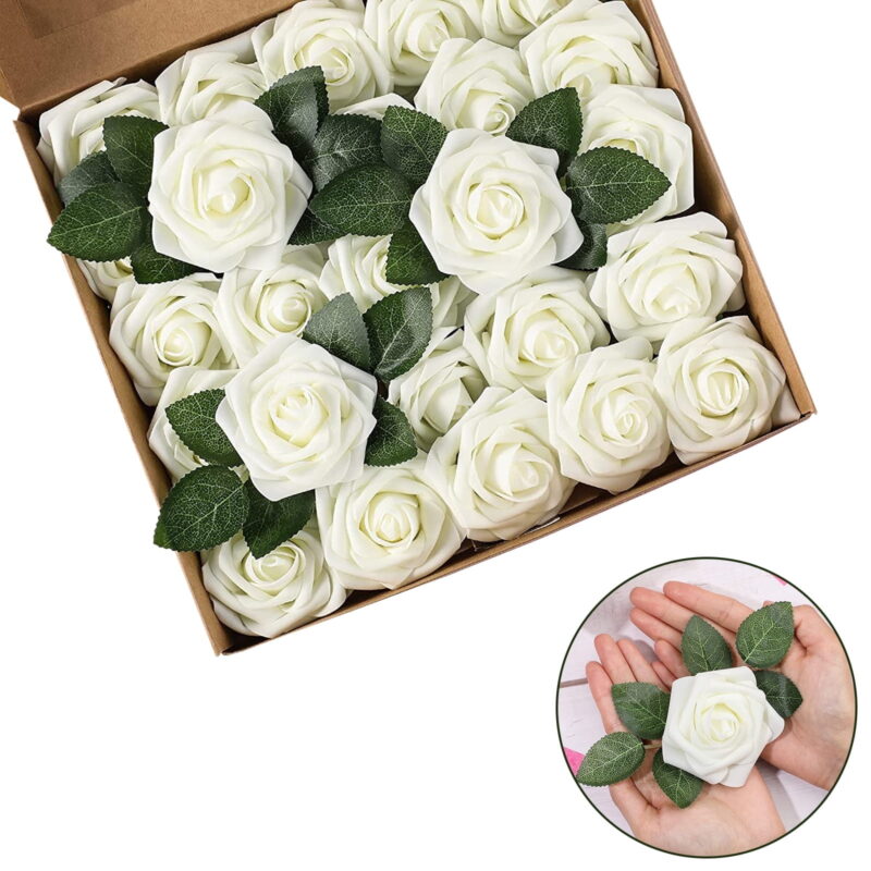Artificial Foam Rose Flowers, 25 Pcs Fake Roses DIY Bouquets Boutonnieres with Leaves and Stems for Wedding Bridal Shower Banquet Party Centerpieces Decor (Milk White)