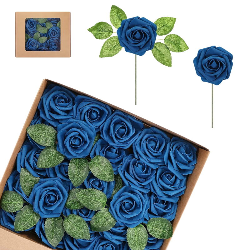 Artificial Foam Rose Flowers, 25 Pcs Fake Roses DIY Bouquets Boutonnieres with Leaves and Stems for Wedding Bridal Shower Banquet Party Centerpieces Decor (Navy Blue)