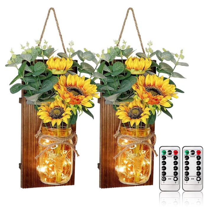 Handmade Hanging Sunflower Mason Jar Sconces, Set of 2 Farmhouse Kitchen Decor with Remote Control LED Fairy Lights for Home Kitchen Bedroom Wall Decor