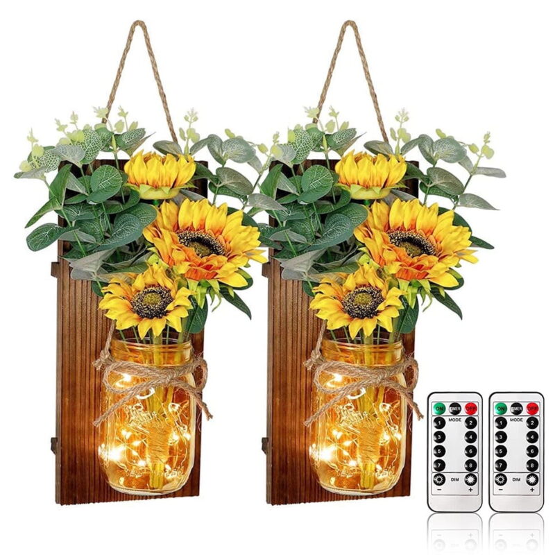 Handmade Hanging Sunflower Mason Jar Sconces, Set of 2 Farmhouse Kitchen Decor with Remote Control LED Fairy Lights for Home Kitchen Bedroom Wall Decor