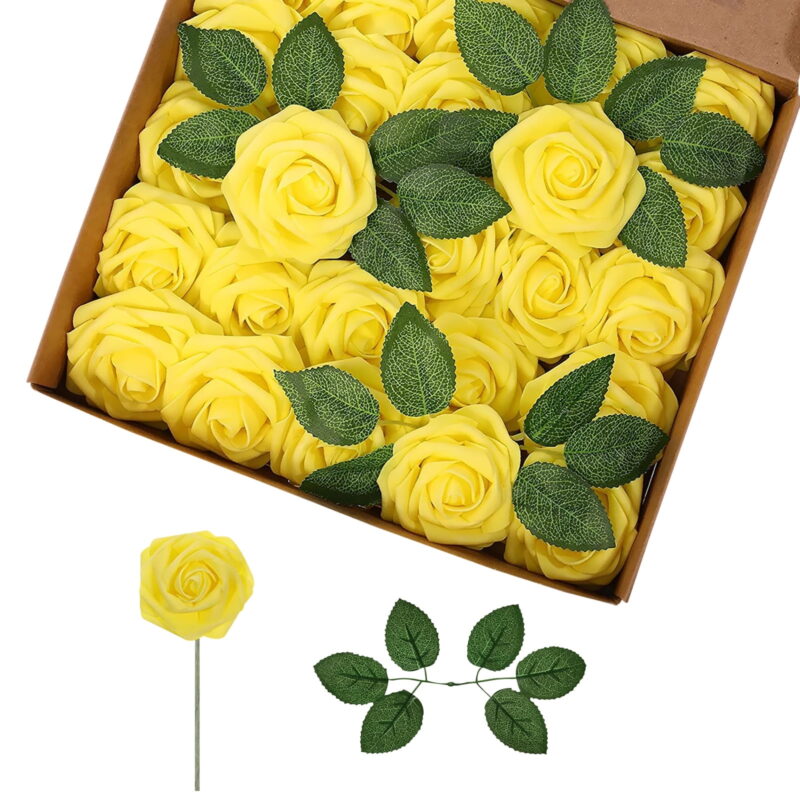 Artificial Foam Rose Flowers, 25 Pcs Fake Roses DIY Bouquets Boutonnieres with Leaves and Stems for Wedding Bridal Shower Banquet Party Centerpieces Decor (Yellow)