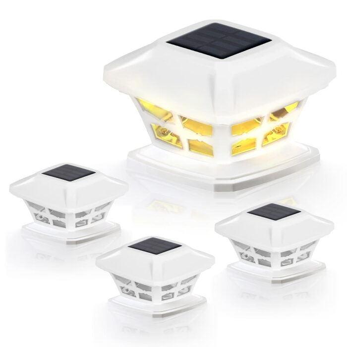 Solar Lamp Post Light Outdoor, 2 Modes LED Deck Fence Cap Lights for 4x4 5x5 6x6 Wooden and Vinyl Posts, Garden Decoration Warm White/Cool White Lighting, White (4 Pack)