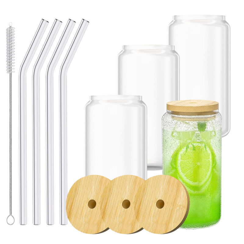 (3 pack) TiokMc Bamboo Lid Glass Cups with Glass Straw, Beer Can Shaped Drinking Glasses, 16 oz - Ideal for Whiskey, Soda, Tea, Water, Gift (4 Pack)