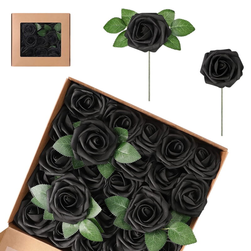 Artificial Foam Rose Flowers, 25 Pcs Fake Roses DIY Bouquets Boutonnieres with Leaves and Stems for Wedding Bridal Shower Banquet Party Centerpieces Decor (Black)