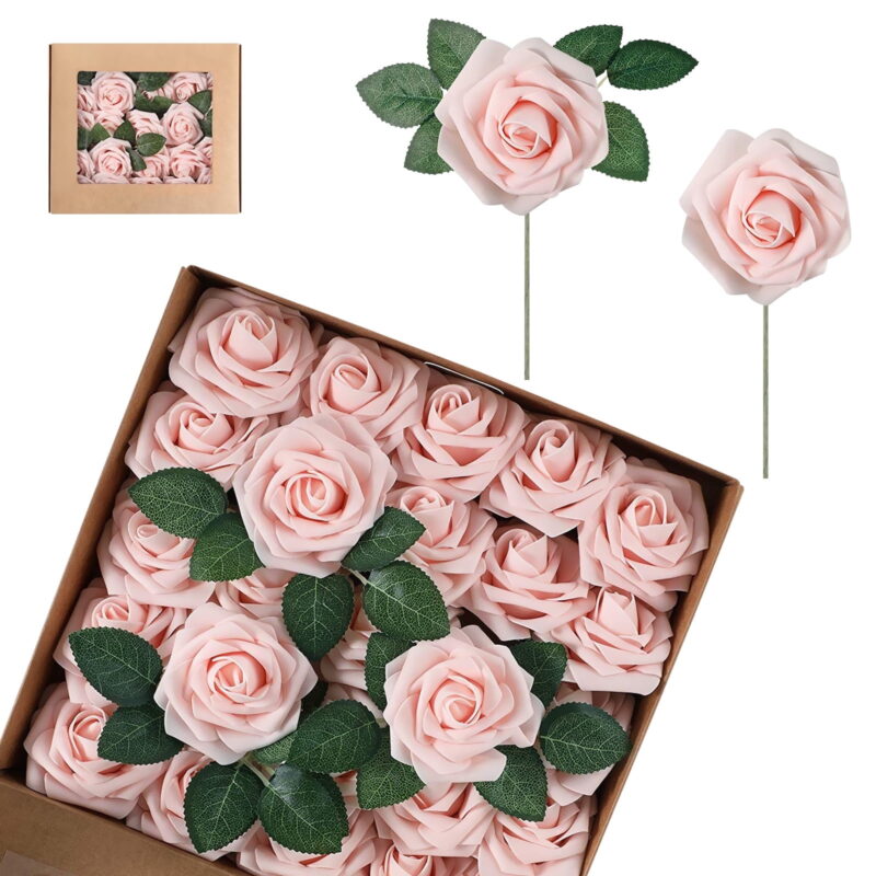Artificial Foam Rose Flowers, 25 Pcs Fake Roses DIY Bouquets Boutonnieres with Leaves and Stems for Wedding Bridal Shower Banquet Party Centerpieces Decor (Pink Champagne)