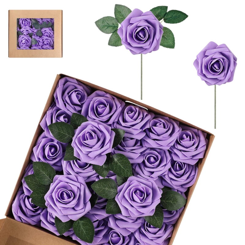 25 Pack Artificial Rose Flowers, Real Looking Foam Fake Rose with Stem for Wedding DIY Bouquets Centerpieces Bridal Shower Party Home Decoration (Purple)