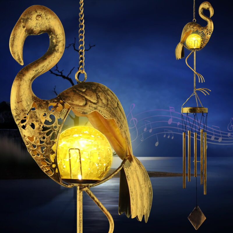TiokMc Flamingo Solar Wind Chimes for Outside Courtyard Decoration with LED Hanging Light Garden Decor Memorial Gift for Mom Outdoor Wind Chimes (Flamingo)