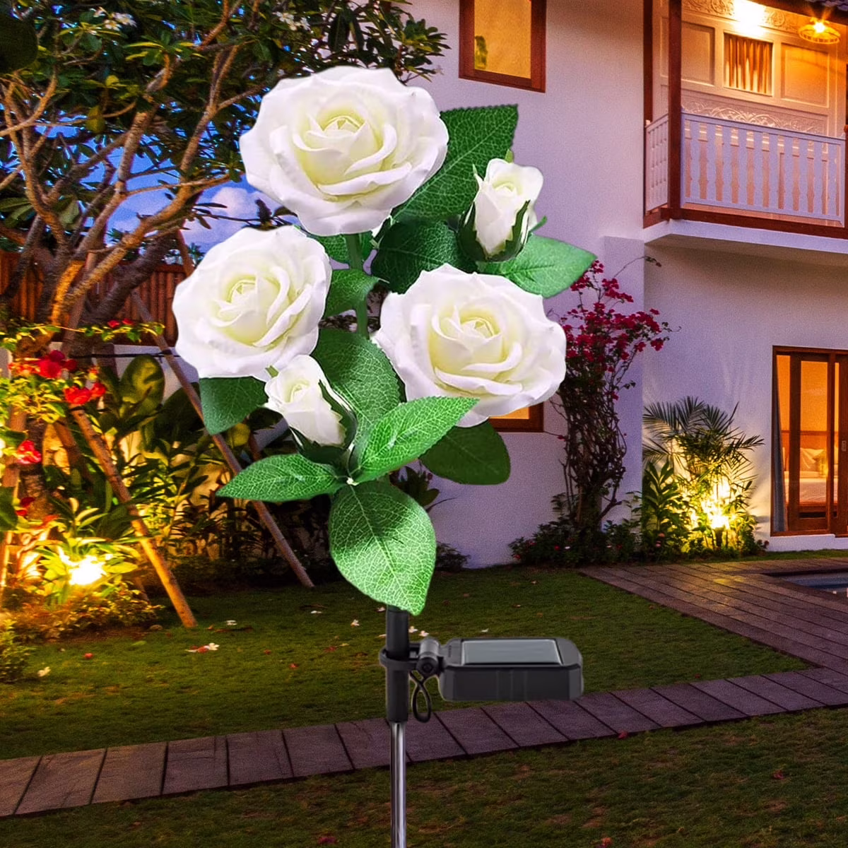 Solar Lights Outdoor Rose Flower, 1 Pack Solar Powered Garden Decorations with 5 Bigger Rose Flower, WaterproofLights for Garden Patio Yard Pathway Decoration (White Rose)